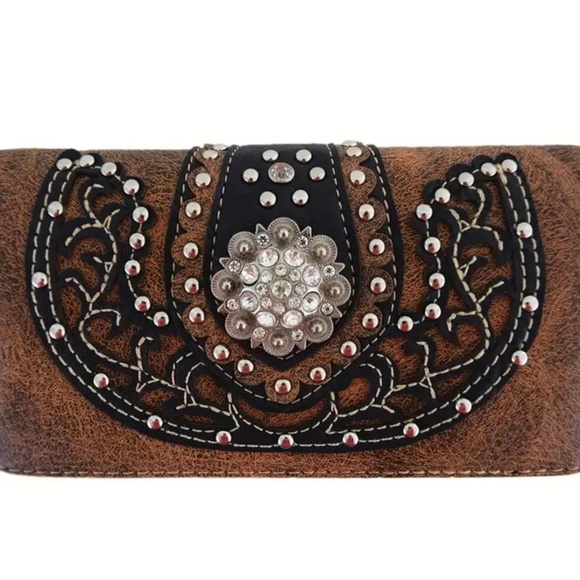 Brown Western Style Faux Leather Studded Shoulder Bag With Wallet - Picture 5 of 7